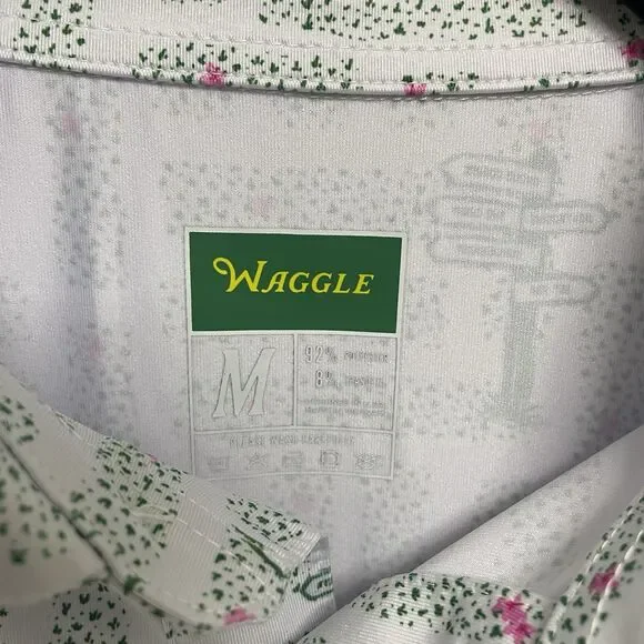 Waggle Mens M Polo Shirt White Green Gnome Lawnmower Print Golf Performance - Picture 3 of 7
